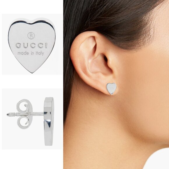 GUCCI EARRINGS STERLING SILVER HEART STUD TRADEMARK LOGO ELONGATED SHAPE - Picture 1 of 7